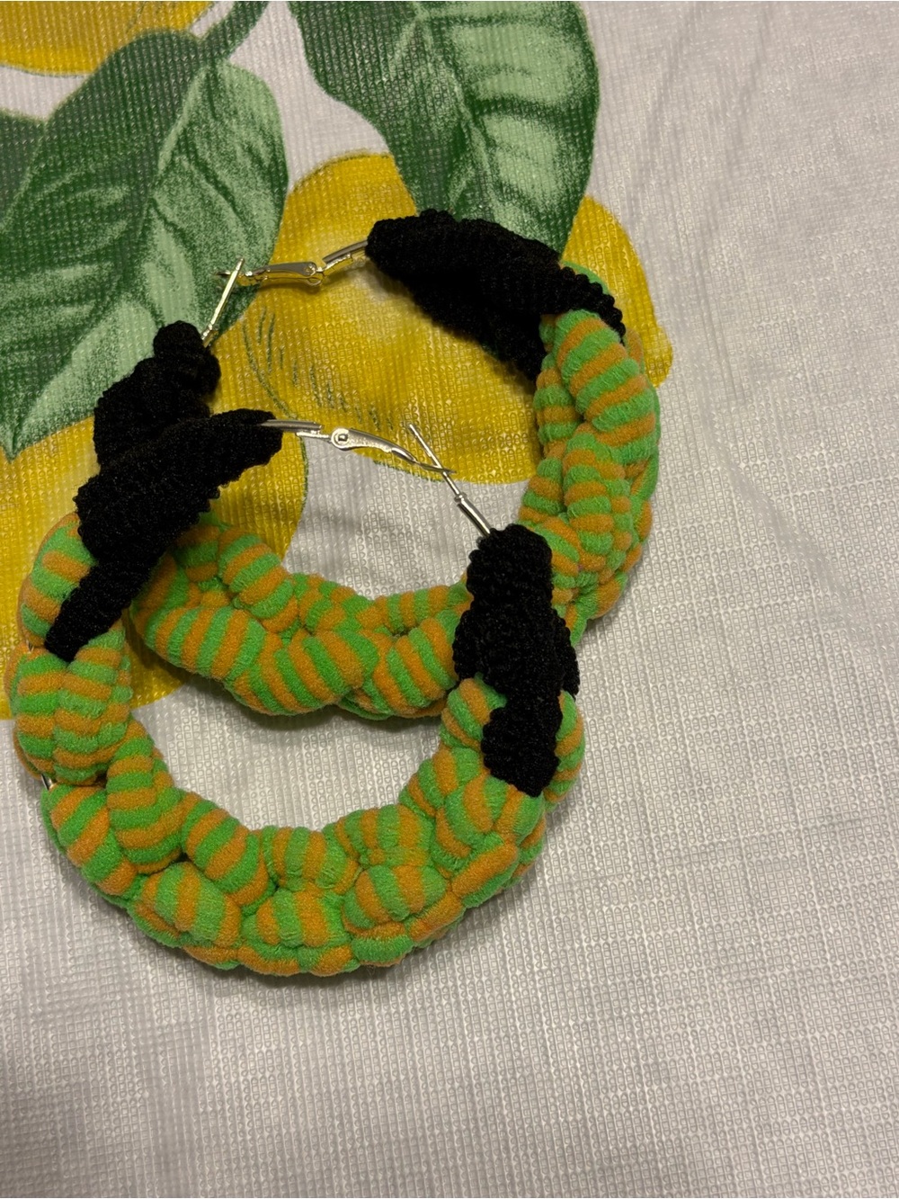 Braided Hoop Earrings in Green, Orange & Black - Lightweight Fashion Hoops
